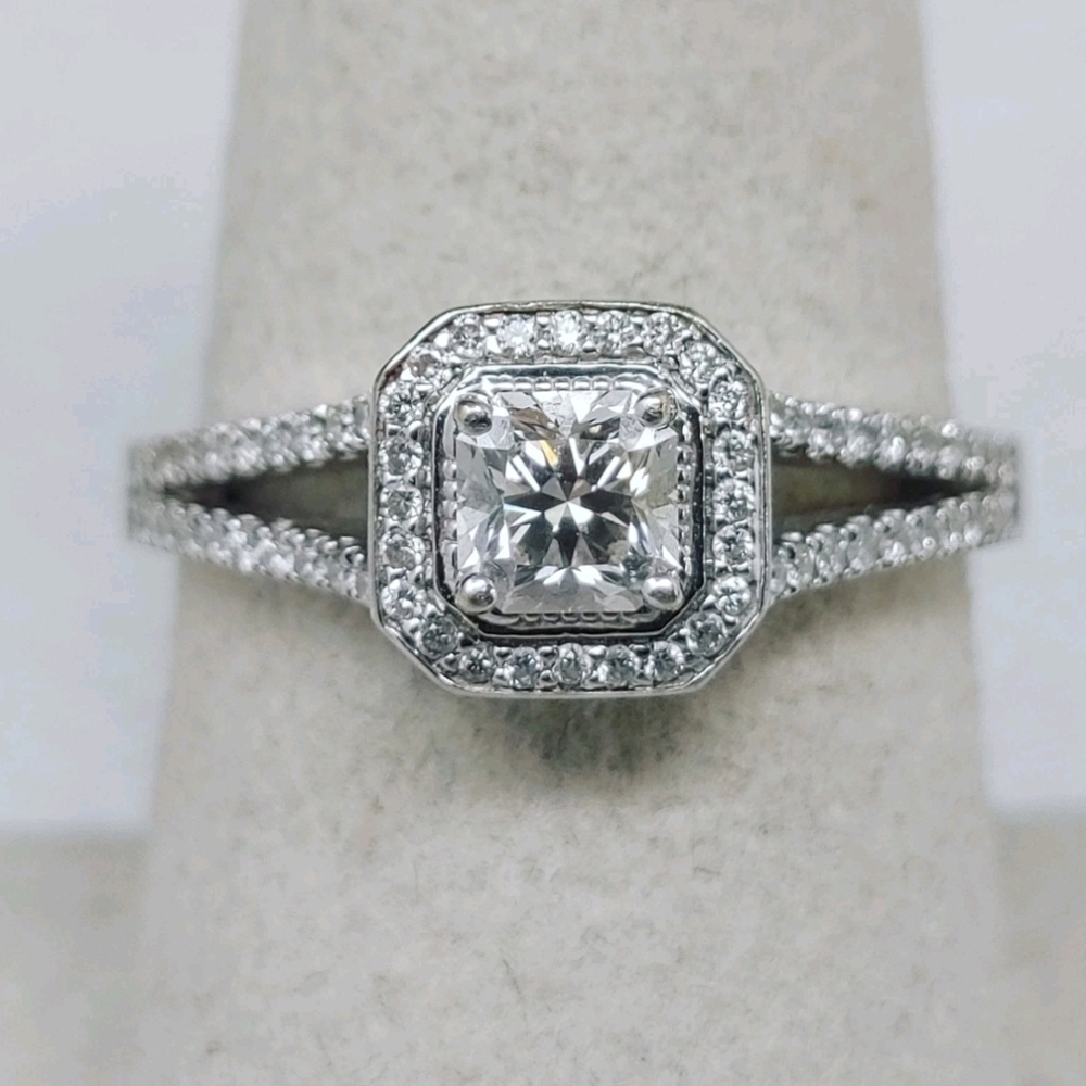 Elegant Diamond Halo Ring Set In 14k White Gold (Diamond Wedding Band Included)